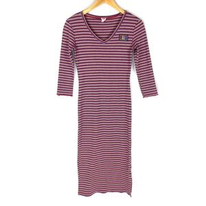 Juicy Couture Midi Shirt Dress Colorful Stripe Rib Knit Bodycon V Neck Spring S